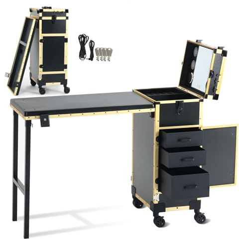 EBANKU 360° rullande manikyrbord, bärbart nagelbord, vikbart resande, nagelskrivbord, professionell kosmetisk vagn, nagelstation med lådor/spegel/Bluetooth-spelare, svart guld