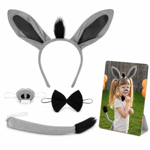 Gatuida Eselsohren Haarreif Esel Kostüm Zubehör Set für Cosplay Anziehparty | Halloween Haarreif Karneval, Eselsohren Stirnband Nase und Fliege, Requisiten Tierkostüm Ohrhörner Haarreifen Kostüm Kinder