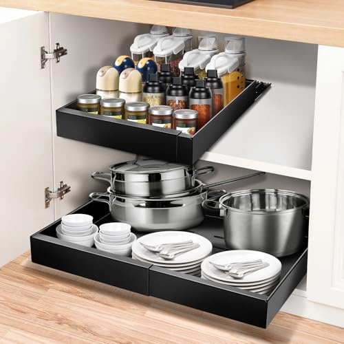 AirOpen Teleskopschublade, Einstellbare Breite 32-52cm, Hochwertiger Kohlenstoffstahl Schubladen Organizer Küche, Pull Out Cabinet Drawer Organizer, Küchenschrank Schrank Organizer Ausziehbar（Schwarz）