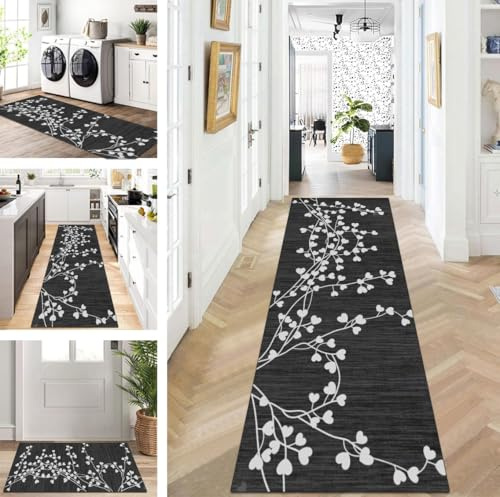 ZUZEKU Läufer Flur Küche Waschbar rutschfest 70X120cm Schwarz und Weiß Lang Küchenteppich Flurteppich Teppich Fur Korridor Wohnzimmer Schlafzimmer Meterware Anpassbar
