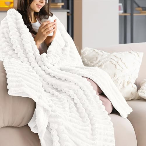 Dreamzie Coperta Pile per Divano in Velluto - Coperta Singolo e Matrimoniale, Plaid Morbida, Coperta Pile Matrimoniale, Decorazioni Casa Poltrona, Tinta Unita per Ufficio Elegante, 130x150 cm Bianco