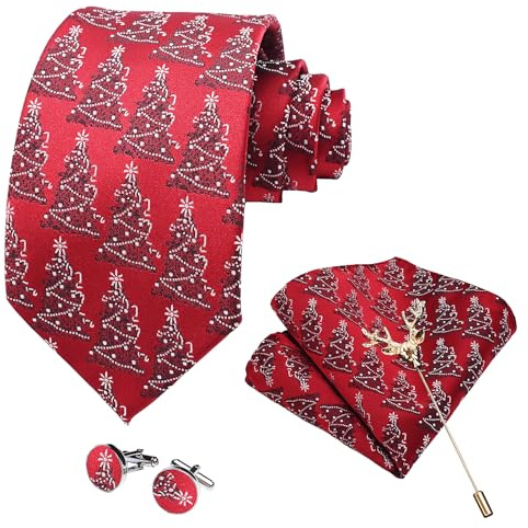 LIEOLGOH Weihnachts Krawatte für Herren Weihnachts Klassisch Muster Xmas Party Festlich Krawatten mit Einstecktuch Manschettenknöpfe Brosche Set