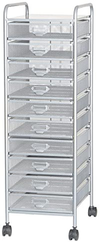 Metal Mesh Rolling File Cabinet Utility Cart with 10 Drawers High Capacity Storage nizer for Office and Home Portable Art Craft Tool Box on Wheels Silver 29x38x91cm