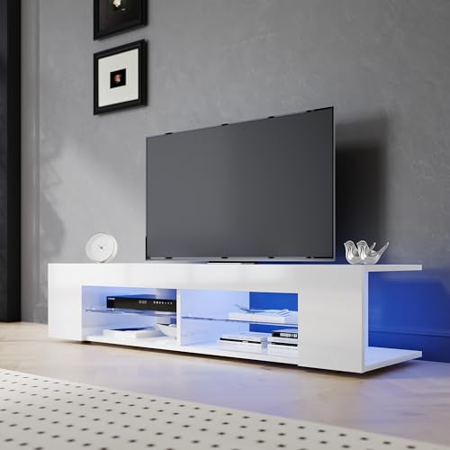 SIRHONA Meuble TV Blanc éclatant, Meuble Tele avec LED, Éclairage LED RGB avec Couleur réglable, avec Étagères Ouvertes en Verre, 135x39x30cm, Convient pour Salon ou Chambre