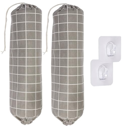CRASPIRE 2Pcs Dark Gray Plastic Bag Holder 2 Sticky Hooks Canvas Wall Mount Plastics Bags Organizer Drawstring Washable Large Grocery Container Dispenser Groceries Carrier Holder for Home Travelling