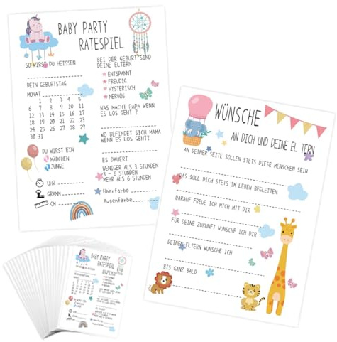 XOXVURI 10 Stück Babyparty Spiele Karten, Babyshower Spiele Karten zum Ausfüllen – Deko Baby Shower Party Spiel Jungen und Mädchen Tippkarten für die Gender Reveal Feier und Babyparty