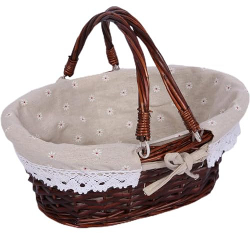 XZDEAIR Vintage Wicker Picknickkorb mit Klappgriff, Picknick -Hub mit großer Kapazität mit waschbarem Futter, Obst -Lagerkorb, 37 * 27 * 17 cm