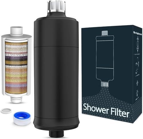 Filtro de Ducha de 32 Etapas con Vitamina C, MEKO Filtro Antical para Agua Dura, Filtro con Cartuchos Reemplazables de Purificación Multietapa para Eliminar Cal, Cloro Residual (Negro)