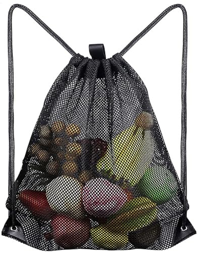 HoAhaMay Large Mesh Beach Bag Mesh Bag Drawstring Gym Bag Mesh Backpack with Drawstring Mesh Ball Bag Gym Backpack for Sports Beach Swimming Travel Camping (Black)