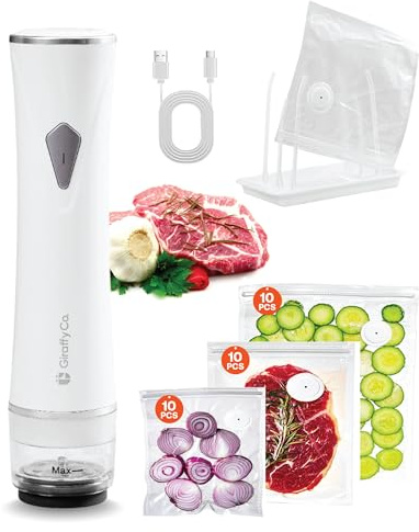 GIRAFFYCO Vacuum Sealer Machine with Visible Water Tank, 10 Reusable Bags (S, M, L - 10 Each), Foldable Drying Rack, and Charging Cable – Compact & Powerful Handheld Food Sealer for Freshness