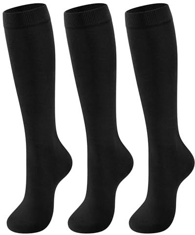 CLOSEMATE Calcetines Altos Mujer Hasta la Rodilla 3 Pares Suaves Cómodos de 80% Algodón Medias Elásticos Transpirables sin Compresion Negros S