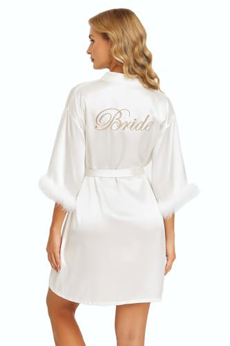 DQSSYTTX Brautmantel mit Feder Weißer Satin-Kimono mit Braut-Stickerei auf dem Rücken Einheitsgröße Hochzeitsmantel für die Braut