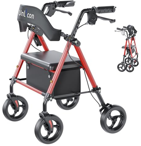 UNLICON Rollator Walkers with Seat, Rollator Walker with Durable, 8'' Big Wheels, 350 lb. Weight Capacity, Adjustable Handles and Seat Height ，Lightweight Rolling Walker for Seniors-Red