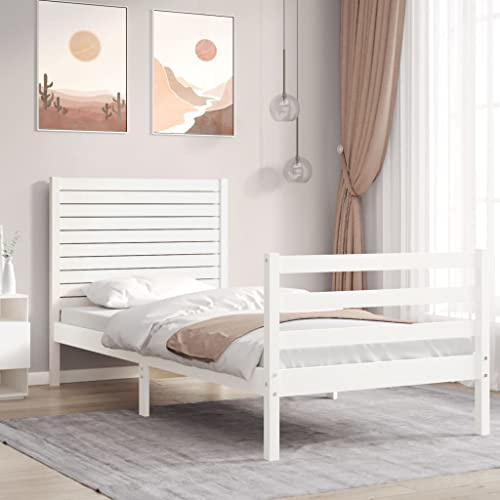 Qnhdfrt Massivholzbett Weiß mit Kopfteil aus Kiefer 195.5 x 80.5 x 100 cm Langlebiges Bettgestell mit Sperrholzlatten für 75x190 cm Matratze Rustikales Design für Schlafzimmer Gästezimmer