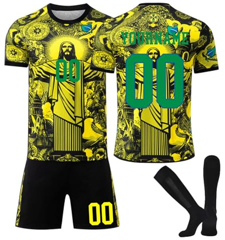 Brasil Jesus Camiseta Fútbol Personalizadas para Hombres y Niño, equipación Fútbol DIY Nombre y Número con Conjunto Top Pantalón Corto y Calcetines Regalo de Fútbol