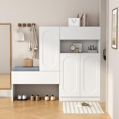 Rosebibi Moderno zapatero 2 en 1 con puertas abovedadas, puerta abatible con función de cierre suave, compartimentos ajustables en altura y asiento acolchado, 130 × 35 × 110 cm (blanco)