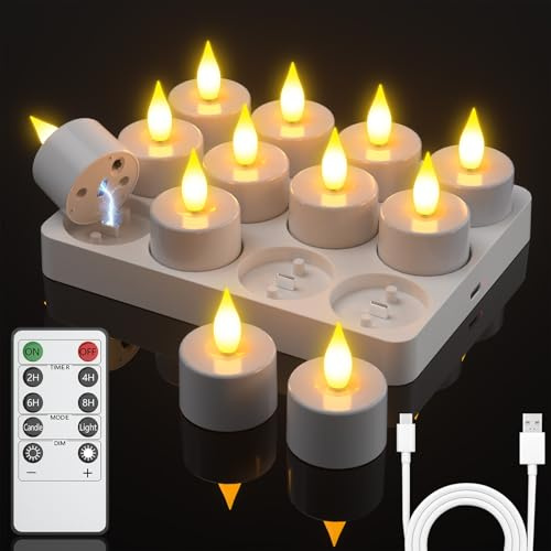 Ymenow LED Teelichter Wiederaufladbar mit Timerfunktion Fernbedienung, 12 Stück LED Kerzen Aufladbare Elektrische Teelichter mit Ladestation Timer für Party Zimmer Wohnzimmer Halloween Weihnachten Dek