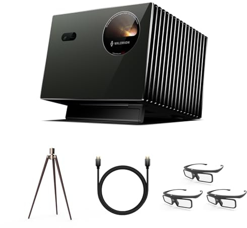 Valerion Heimkino Stativ-Bundle – Sofort einsatzbereit mit VisionMaster Pro2 4K Triple Laser Projektor, Walnuss-Stativ, 3× 3D-Brillen & HDMI 2.1 Kabel