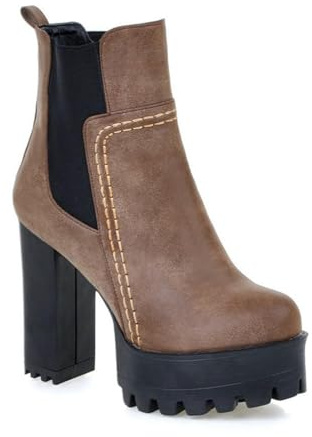 Qgtxf Plataforma Chelsea Botas de Tobillo para Mujer Bota de Tacón Alto Grueso de Ante Botines Occidentales Deslizables del Dedo Pie Redondo(Brown,39 EU)