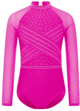 Monduelle Mädchen Turnanzug Glitzer Langarm Gymnastikanzug Langarm Gymnastik Leotard Strass Glänzend Ballettanzug Wettbewerb Tanzkostüm