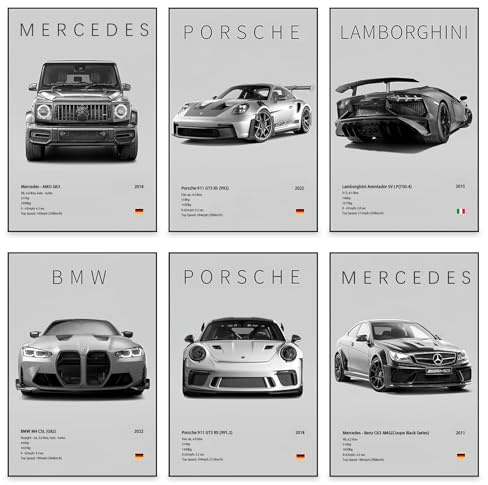 6 er Super Auto Poster Schwarz Weiß Supersportwagen Wandbilder für Jungen | Supercar Poster für Männer, Rennwagen Leinwandbilder für Wohnzimmer, Wohnzimmer, Geschenk für Autoliebhaber (C)