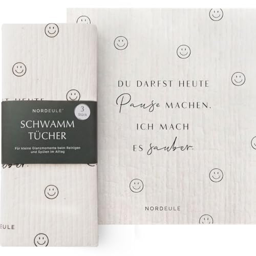 NORDEULE® Schwammtücher Skandi Design 3 STÜCK | Reinigungstücher im nordischen Design | für Glanzmomente im Alltag oder als Geschenk zu Weihnachten Wichteln (Mach Pause)