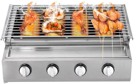 MINHUIJIHUI Plancha Gaz INOX Barbecue À Gaz 4/8 Brûleurs - Brûleur en Céramique Rapide Chauffage Homogène - Collecteur De Graisse Coulissant - Hauteur Réglable 0-9Cm Balcon