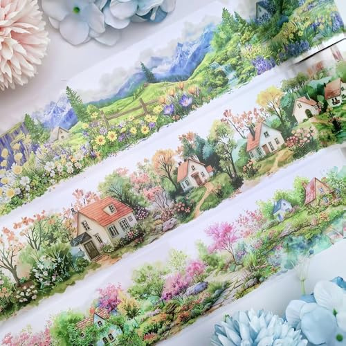 PET Washi Tape Scrapbook Stickers 3 Rolls Scrapbooking Zubehör Sticker,Blume Ländliche Landschaft Thema Transparent Sticker Accessories Für Für Bullet Journal,Fotoalbum,Notebook(Field Series 1）