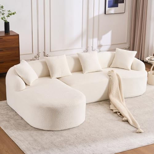VS VanShine Boneless Couch, L Sofa mit Schlaffunktion, Modulares Sofa, Ecksofa, Schlafsofa + Linke Chaiselongue, Chenille, Geschwungenes, mit 4 Kissen, für Wohnzimmer, 275×115×63cm (Weiß)