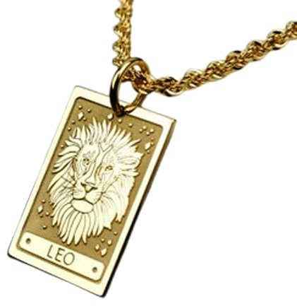 Collar con colgante del signo zodiacal Leo en relieve, hecho de plata de ley 925 con baño de oro, cadena de cable de 45 cm (18), dije rectangular para joyería unisex hecha a mano | LK_EMBO_00390