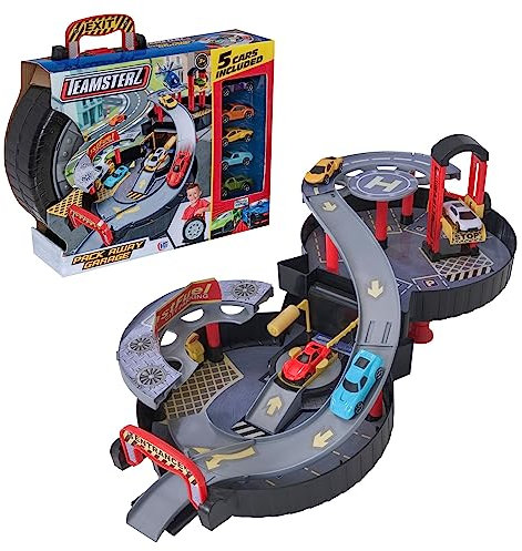 Teamsterz Garage pliable à 2 niveaux | Ensemble de jeu de voiture avec lave-auto, piste et ascenseur | Étui de transport facile à plier | Comprend 3 voitures moulées sous pression | Jeu de garage pour