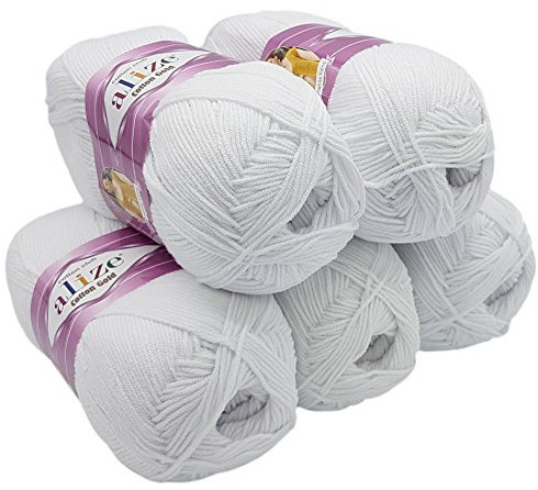 Alize Cotton gold 5 x 100g Strickwolle 55% Baumwolle, 500 Gramm Wolle einfarbig (weiß 55)