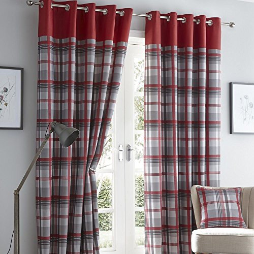 Portfolio Orleans Check Striped Fully Lined Eyelet Ring Top Curtains - Red 66 Wide x 54 Drop
