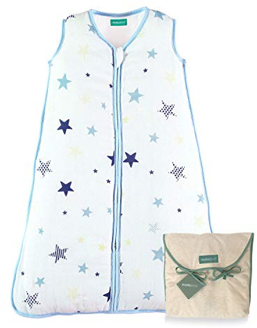 molis & co. 0,5 TOG sommarbaby sovsäck. 18 till 36 månader. 105 cm (43,3 tum). Supermjuk och lätt. Unisex stjärntryck i blått och beige. Perfekt för sommaren. Premium muslin växtväska för bebisar.
