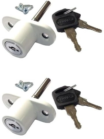 FERPASA® - Cerradura de Seguridad para Ventanas Correderas Pack 2 – Llaves Iguales – Cierre de Sobreponer de Acero en Acabado Blanco con 4 Llaves y Tornillería (53,5 x 23,5 mm)
