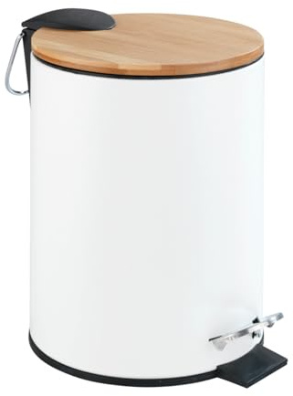 WENKO Kosmetik Treteimer Mod. Tortona 3 Liter, mit Deckel aus echtem Bambus, Badezimmer-Mülleimer mit Absenkautomatik, Kleiner Abfalleimer, lackierter Stahl, 17 x 23,5 x 21 cm, Weiß matt