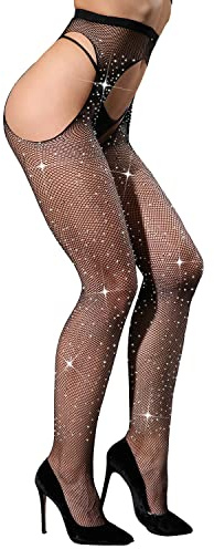 CHRLEISURE Women's Sparkle Rhinestone Fishnets, Sexy Sparkly Glitter Party Concert Outfit Fishnet Stockings (Suspender Black)