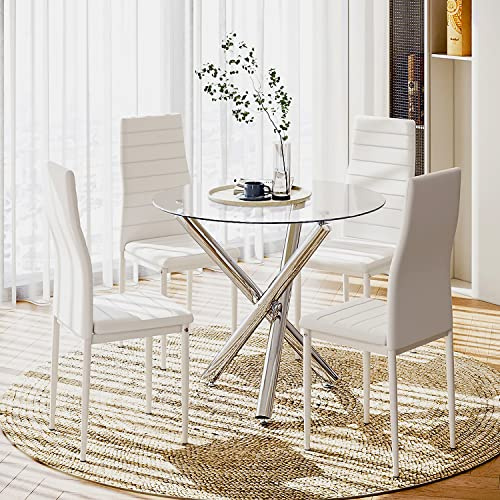 je Dining Table and Chairs Set of 4, 90 cm Glass Round Chrome Leg Table with High Back Faxu Leather Chairs for Dining Room,Kitchen