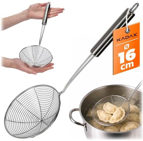 KADAX Schaumkelle ∅ 16 cm, kleiner Durchschlag, Stahldurchschlag mit langem Griff, Abseihlöffel, Schaumlöffel, Schöpflöffel, Sieb, Blanchierheber (Silber)
