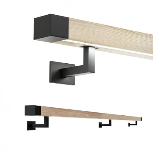 Sellon24® Pasamanos de madera led con iluminación, roble, 50 x 40 mm, madera auténtica, barnizada, set pintado (200 cm, soportes: Negro RAL9005 / madera engrasada)