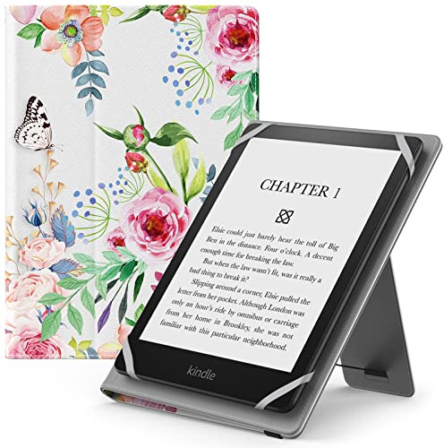 MoKo Custodia Cover Universale Compatibile con E-Lettore Kindle/Kobo/Voyaga/Lenovo/Sony/Tolino da 6, 6,8 e 7, in Pelle PU con Chiusura di Elastico, Doppio Supporto e Manico, Fiore Verde