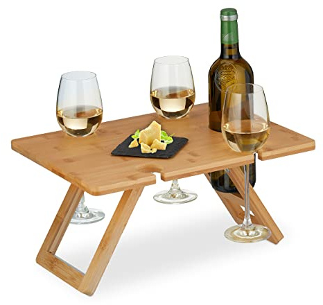 Relaxdays Picknick vinbord, hopfällbart, HBT: 20 x 40 x 30 cm, hållare 4 vinglas och 1 flaska, bambu-vinbricka, natur