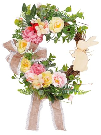 Easter Decorations Wreath for Front Door Spring Summer Bunny Flower Garland Artifical Wall Decor Accessories for Home Farmhouse Party 13inch