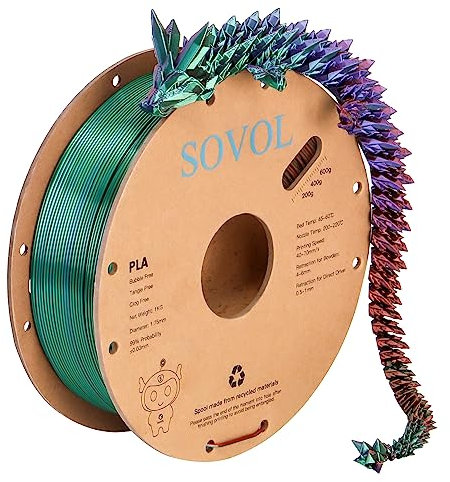 Sovol Tri Color Silk PLA Filament 1.75mm, 3D Drucker Silk Filament 1kg (2.2LBS), Seiden Bronze/Lila/Grün Dreifarbiges Coextrusion PLA Shiny Filament +/-0.03mm