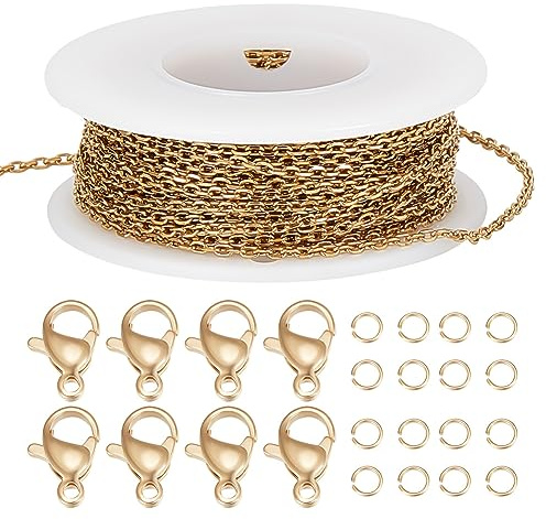 Beebeecraft 32.8Füße Schmuckherstellung Kette 21K Vergoldete Plattierte Edelstahl Flache Runde Gliederkabelkette Mit 20 Karabinerverschlüssen Und 50 offenen Biegeringen Für DIY Handwerk Armband