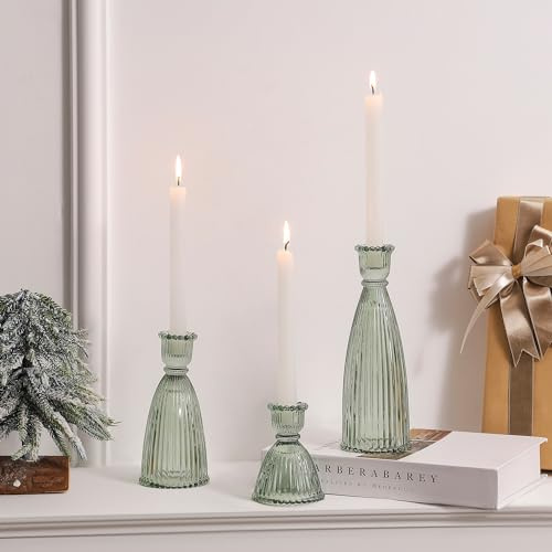 Joyfice Vertical Stripe Candlestick Holders Set of 3, Premium Glass Candle Holders for Candlesticks and Taper Candles, Vintage Candle Holder Decor for Table Centerpiece, Green