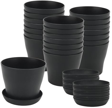 ZEONHAK Paquete de 24 macetas pequeñas redondas negras de 10 cm con platillo, mini macetas de plástico de 4 pulgadas para plantas, suculentas, vivero de semillas
