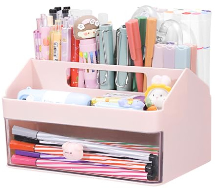 Marte Vanci Desk Organiser with Drawer, Desk Tidy Caddy, Cute Stationery Organiser, Plastic Makeup Storage Box, Multifunctional Desktop Accessories for Home Office Crafts Pink