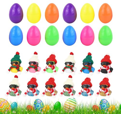 FASSME Ostergummienten | Vorgefüllte Ostereier | 12 lustige Neuheiten, Sortiert, Leuchtend bunt, zum Ostertag, Gummienten für Ostern, Partygeschenke, Eiersuche-Zubehör