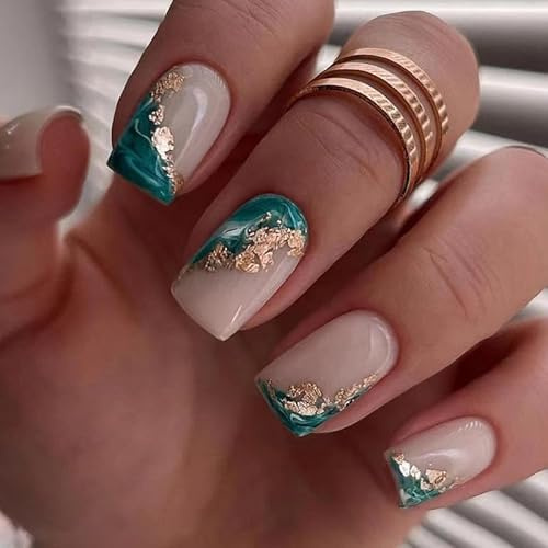24pcs Short Square French Tip False Nails - Dark Green Edge, Gold Foil Press-on, Nude Pink - Removable Glue-on Full Cover Fake Nails for Women, Brides - Nail Art Accessories